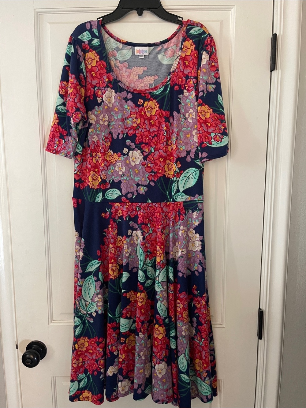 Lularoe Nicole Floral Scoop-Neck Navy Women's Dress